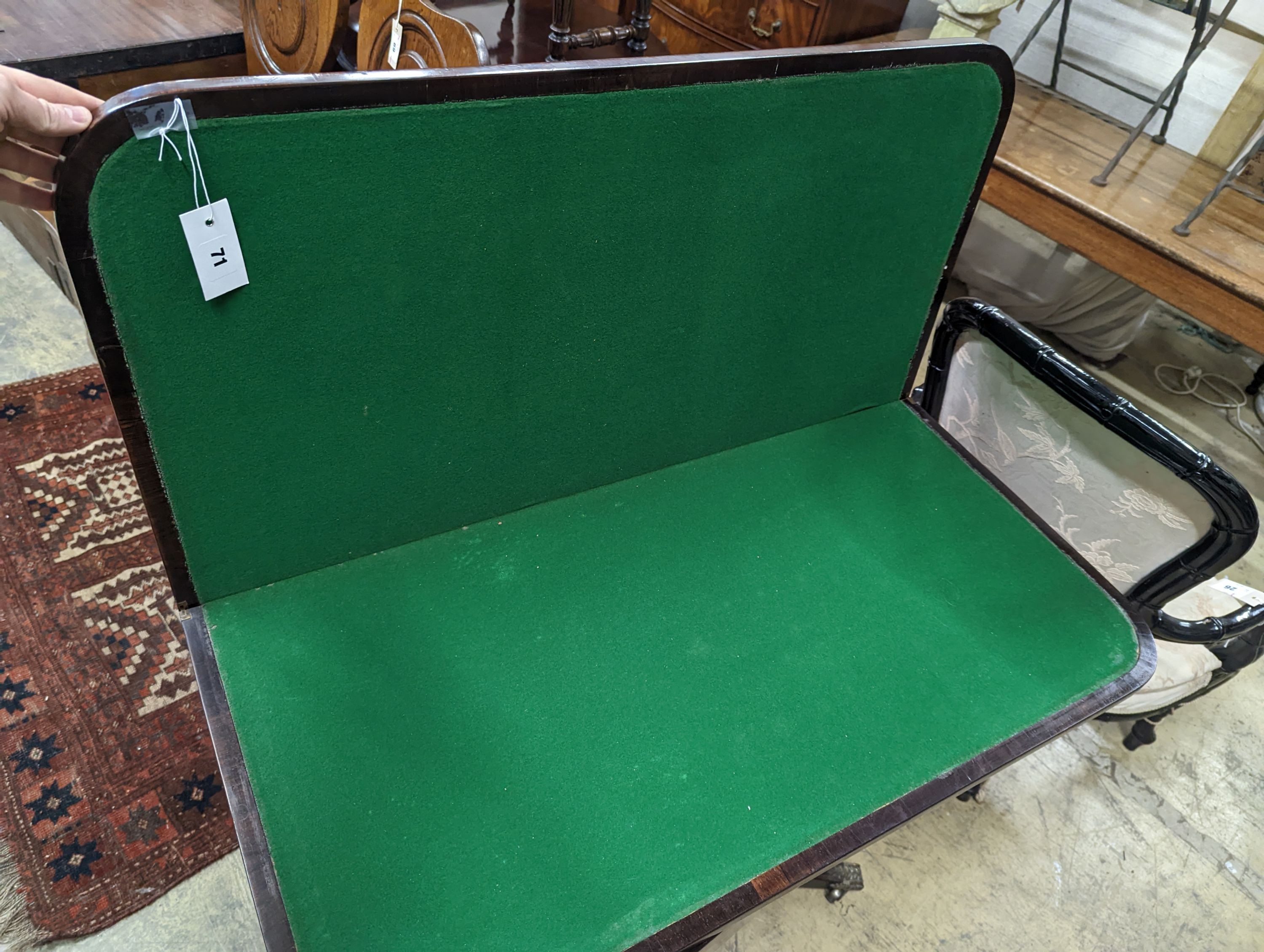 A Regency brass inlaid rosewood rectangular folding card table, width 91cm, depth 46cm, height 76cm